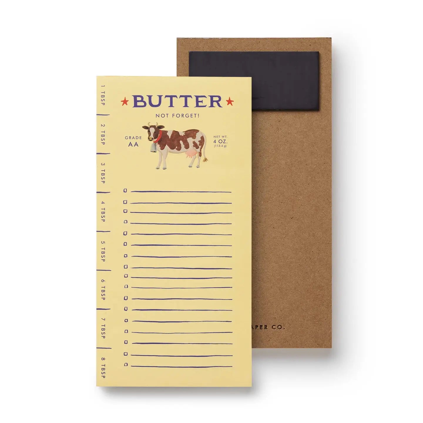 Butter measurement chart with cow illustration and brown cardboard backing on a white background