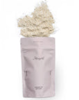 Purple package of Merigold bath salts with a small amount of product on top against a white background