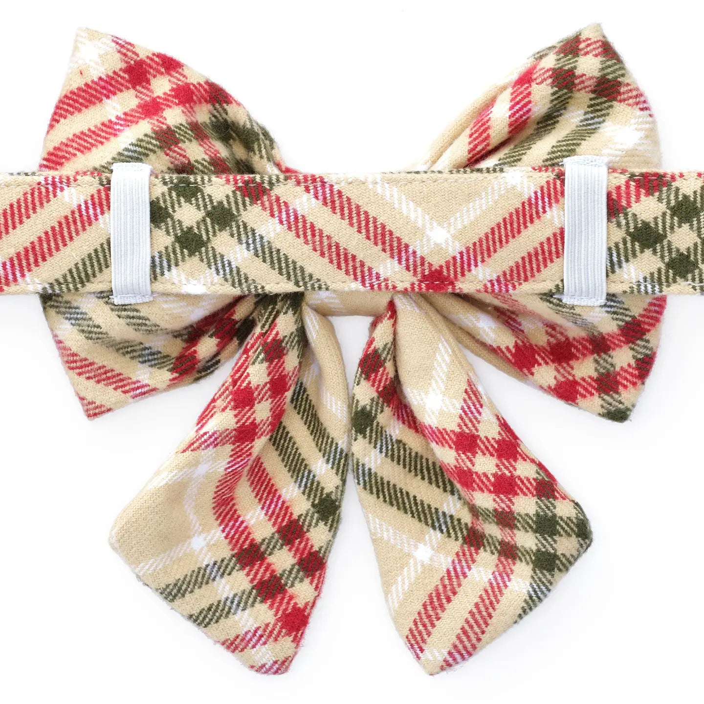 back of beige red and green plaid dog bow 