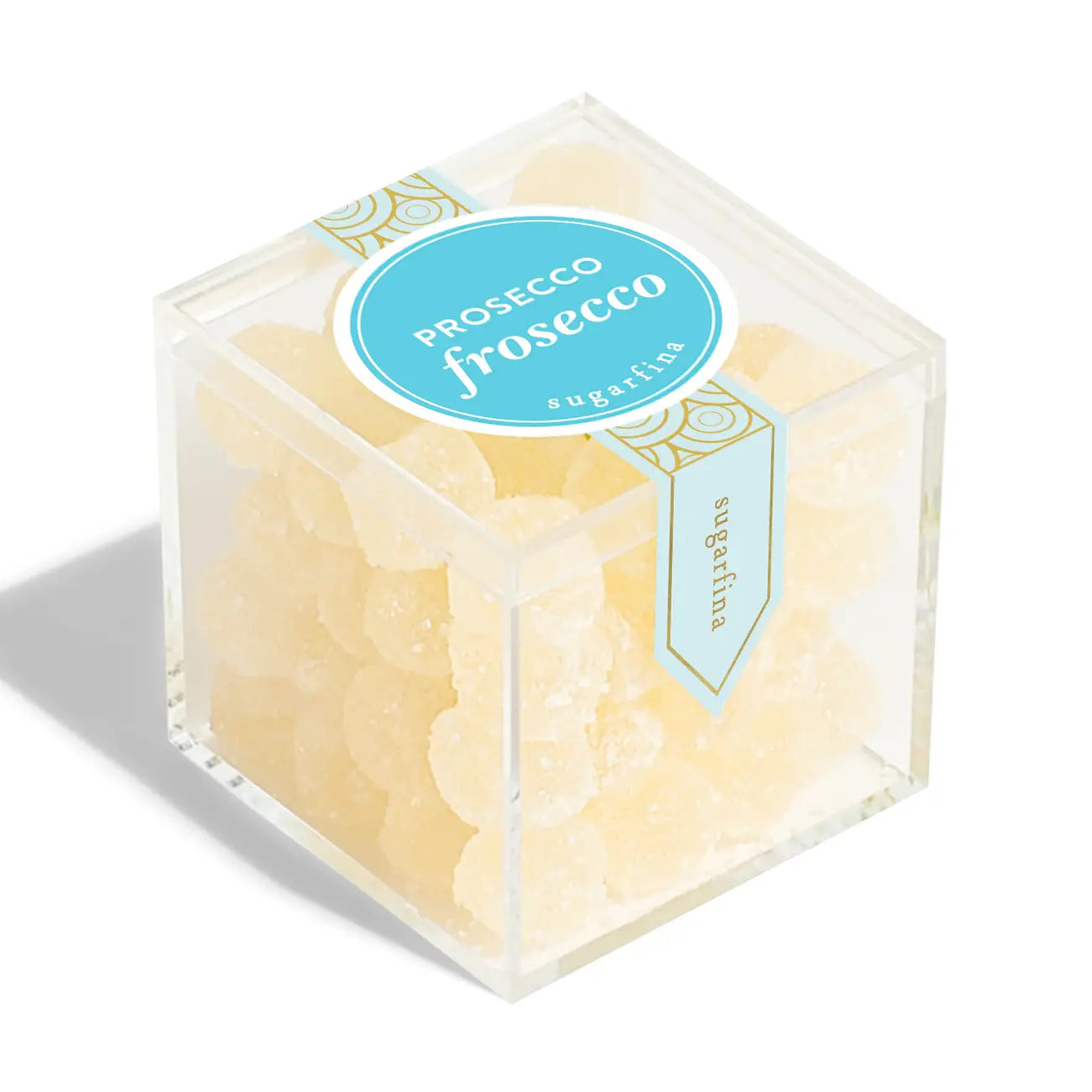 Hexagonal box of Prosecco sugarfina candy with a blue label on a white background
