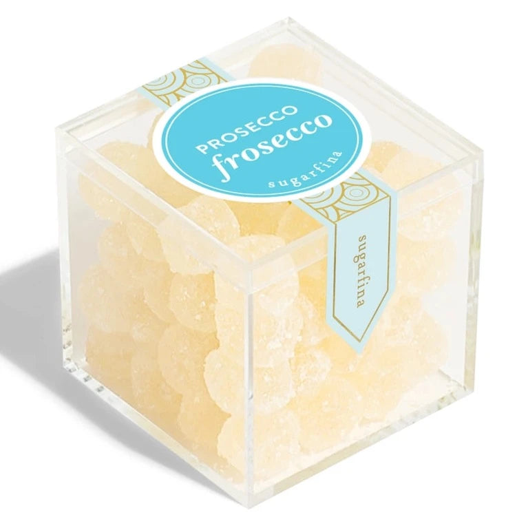 Plastic clear cube with prosecco flavored gummy balls