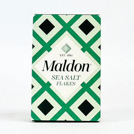 Maldon sea salt flakes packaging with green and black pattern on a white background