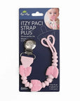 itzy bow pacifier holder on blue packaging