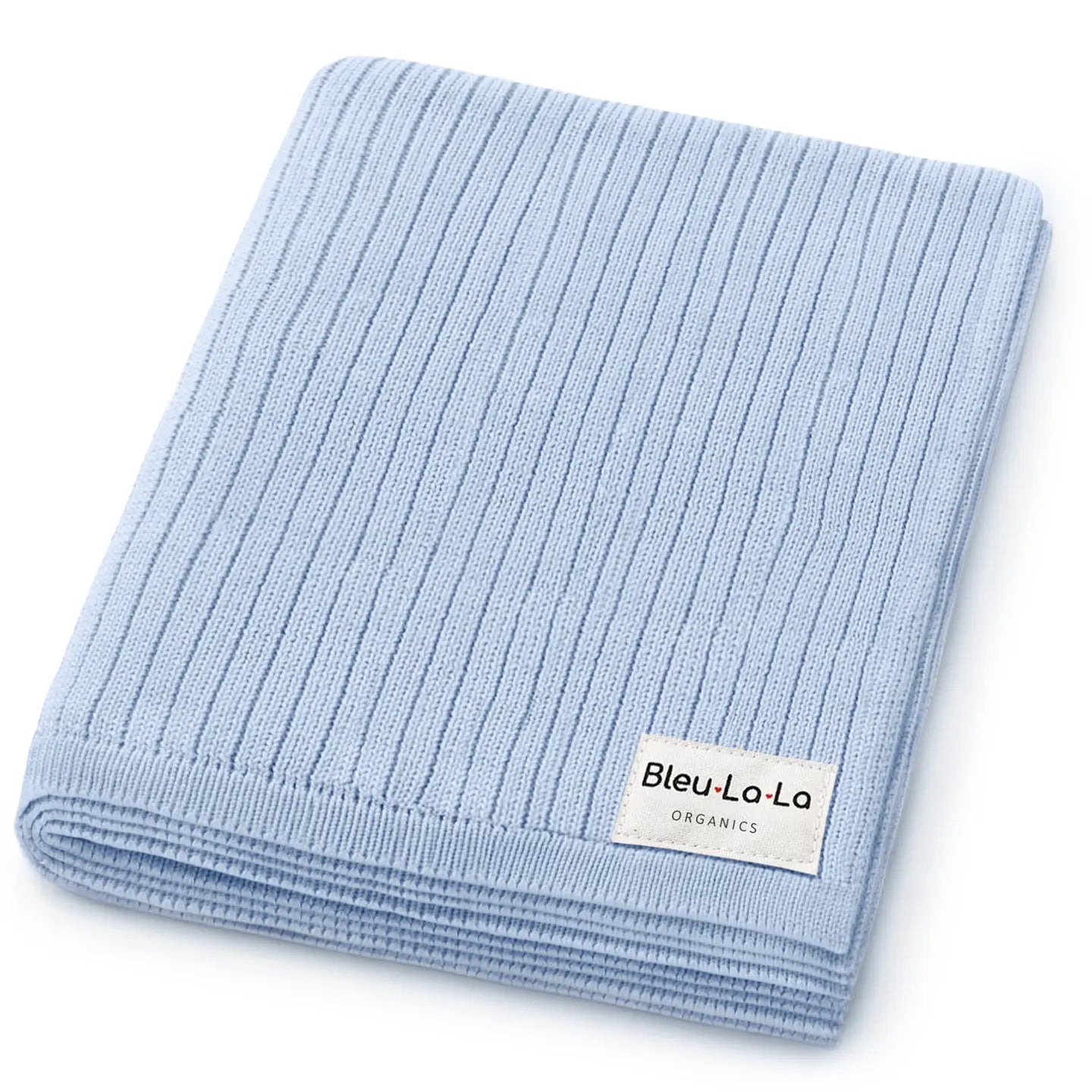 Light blue folded towel with Bleu-La-La label on a white background