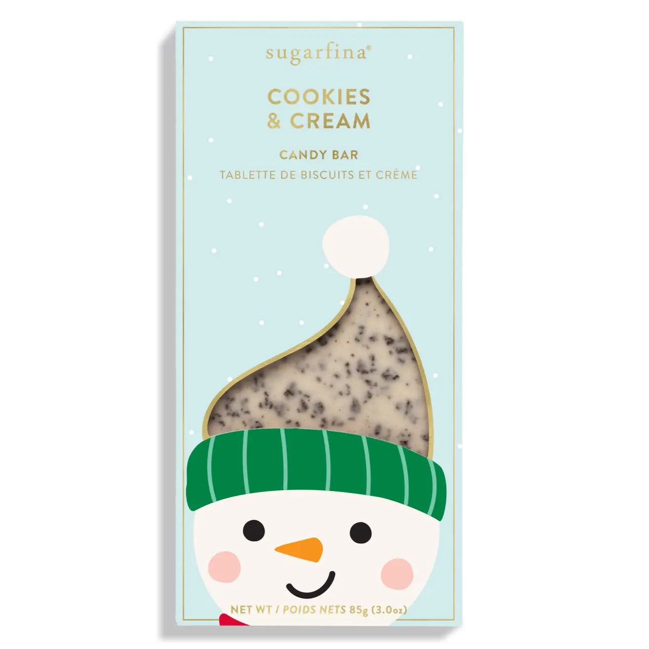 Sugarrfina Cookies & Cream candy bar packaging with a snowman design on a light blue background.