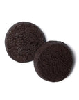 Two dark brown circular felt pads on a white background