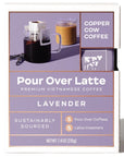 Purple box with white text. box shows lavender pour over coffee