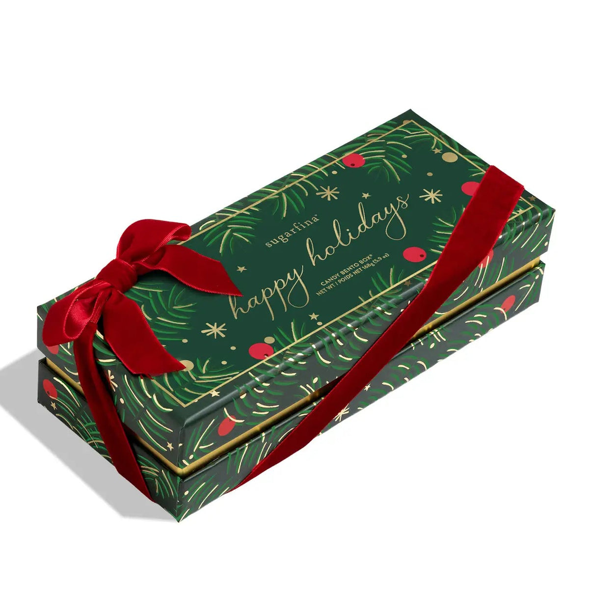 A rectangular gift box wrapped in a red ribbon, featuring a dark green holiday design with gold text reading 'happy holidays' and gold botanical line art. The box is photographed on a clean white background with a soft shadow.