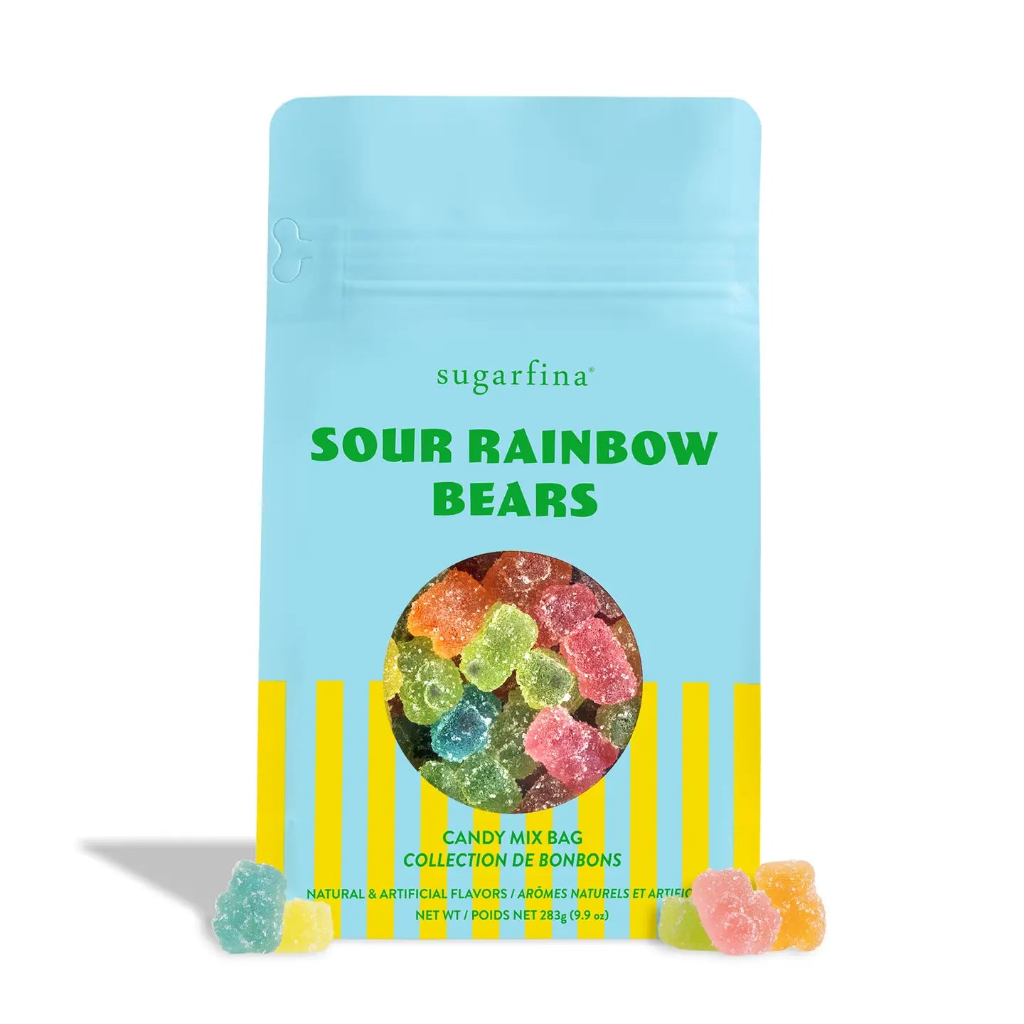 A light blue stand-up pouch of Sugarfina Sour Rainbow Bears candy mix bag, featuring a circular window showing colorful gummy bears and yellow vertical stripes at the bottom, set against a plain white background.