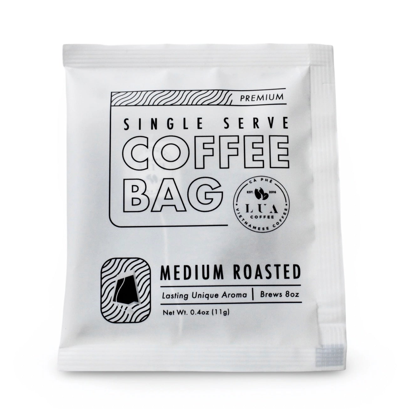 A single-serve coffee bag in a white resealable pouch with black text reading 'Single Serve Coffee Bag' and 'Medium Roasted' on a clean white background.