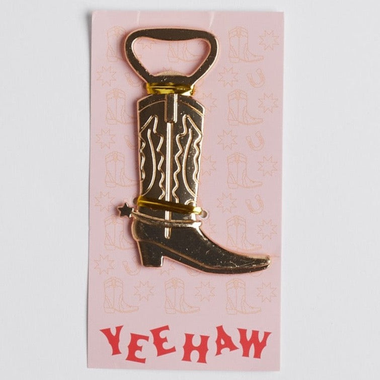 Cowboy Boot Bottle Opener on pink &quot;Yeehaw&quot; card, resting on white background.