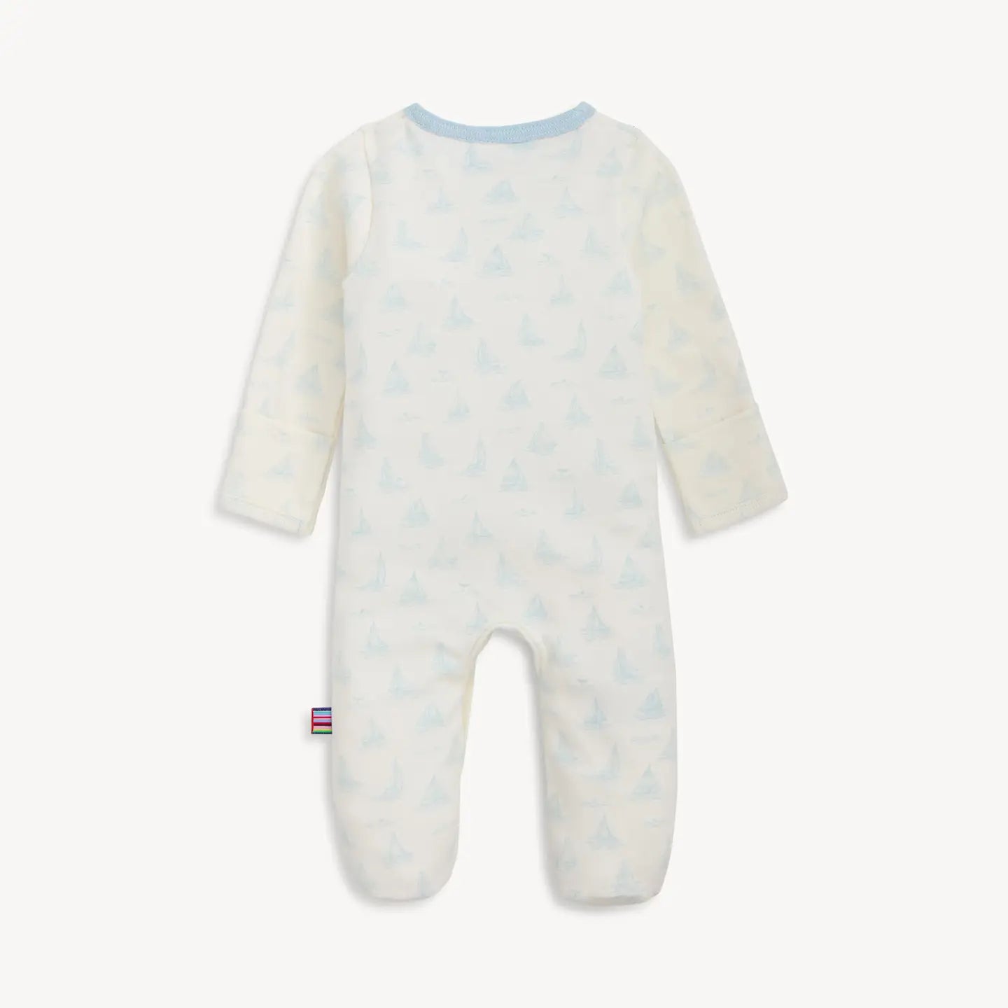 Baby onesie with long sleeves and legs on a white background
