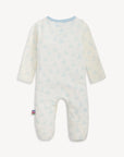Baby onesie with long sleeves and legs on a white background