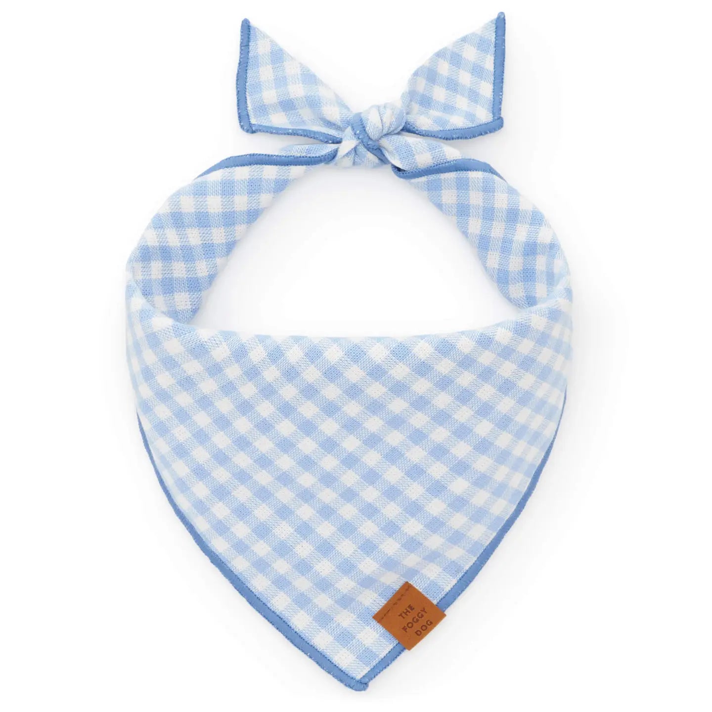 Blue and white checkered bandana with a bow on a white background