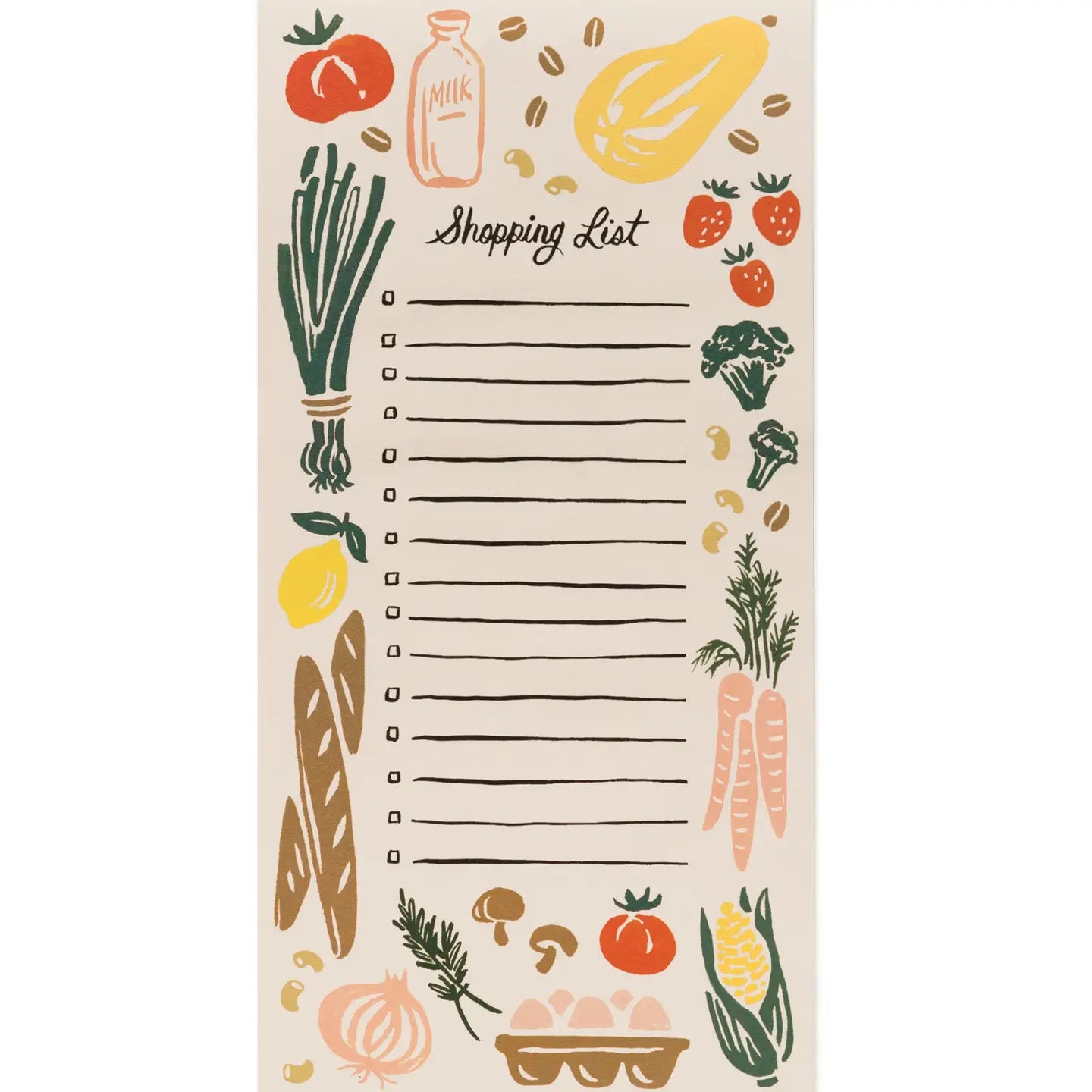Shopping list pad with food illustrations on a white background