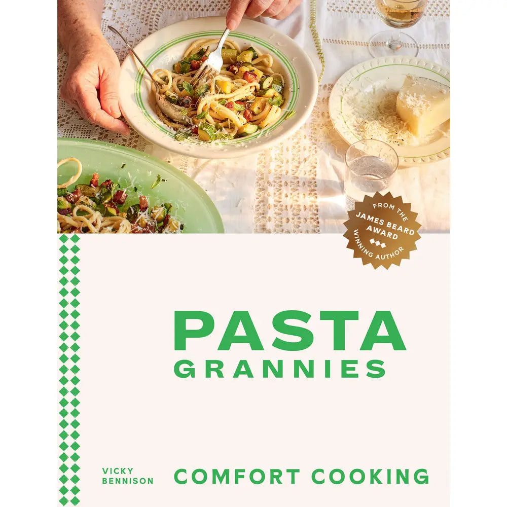 Book cover of 'Pasta Grannies' with a plate of pasta and a person eating.
