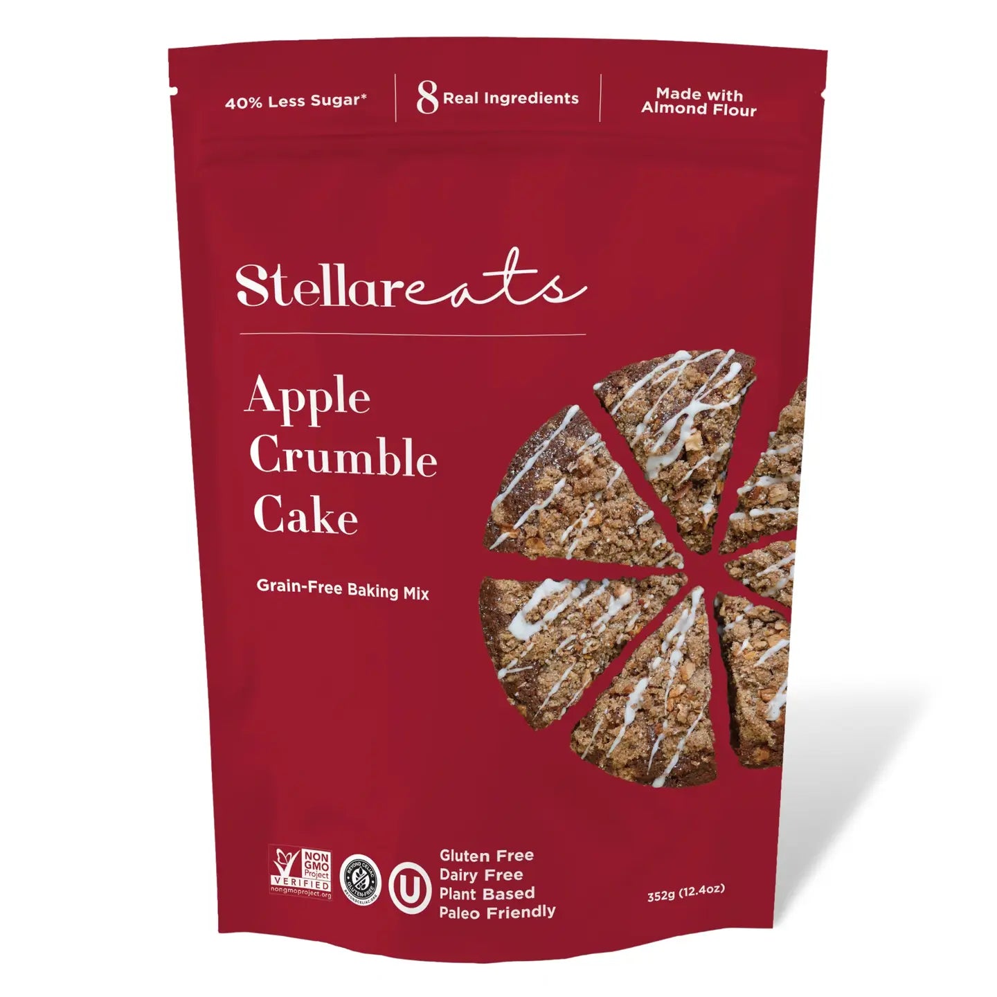 Red package of Stellareats Apple Crumble Cake baking mix on a white background