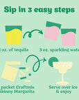 Instructions for making a Skinny Margarita with tequila, sparkling water, and Craftmix on a green background.