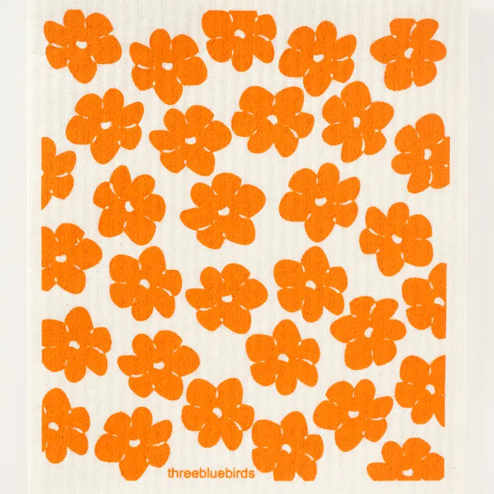 Pattern of orange flowers on a white background with 'threebluebirds' logo.