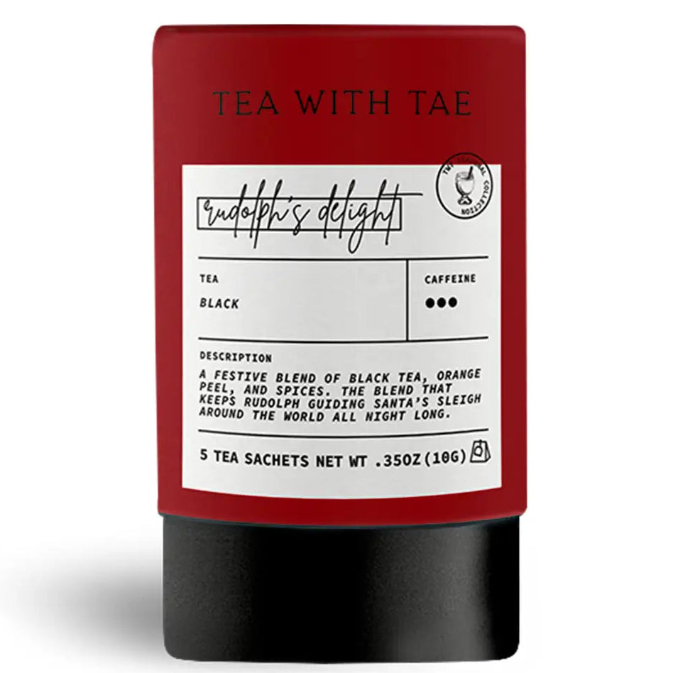 red tea tube that says rudolph's delight