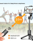 Phone with remote control and tripod, showing remote features for taking pictures, with a hand holding the remote and a group of people in the background.