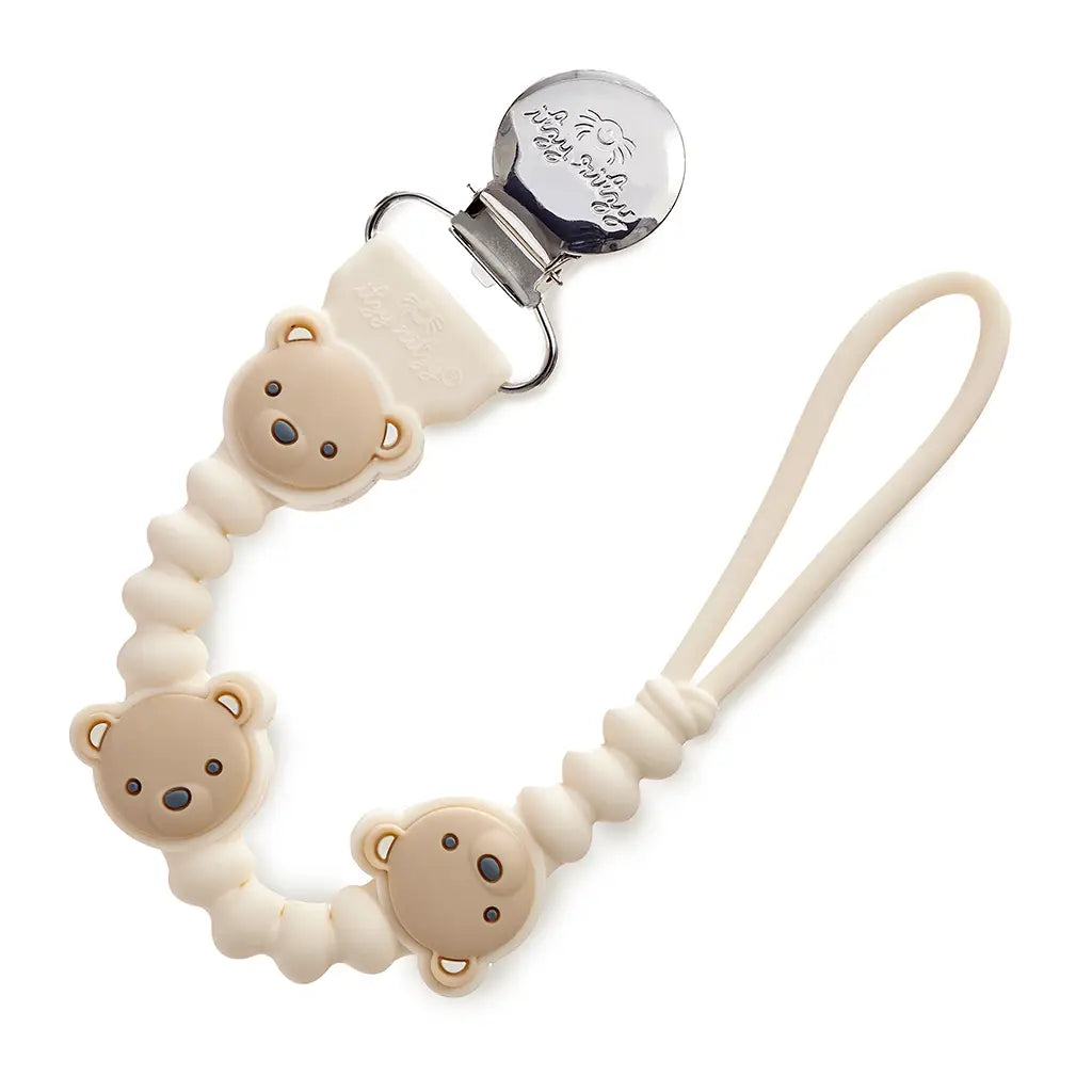 Baby pacifier clip with bear design on a white background