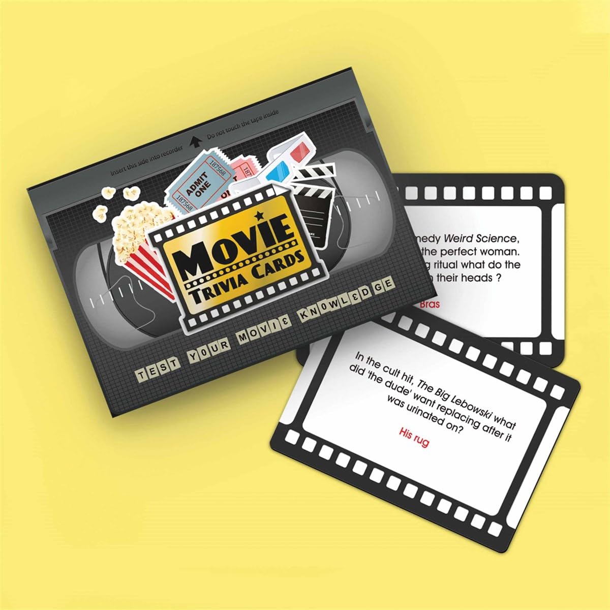 Movie trivia cards with a question card on a yellow background