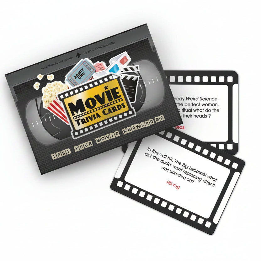 Movie trivia cards with a question card on a yellow background