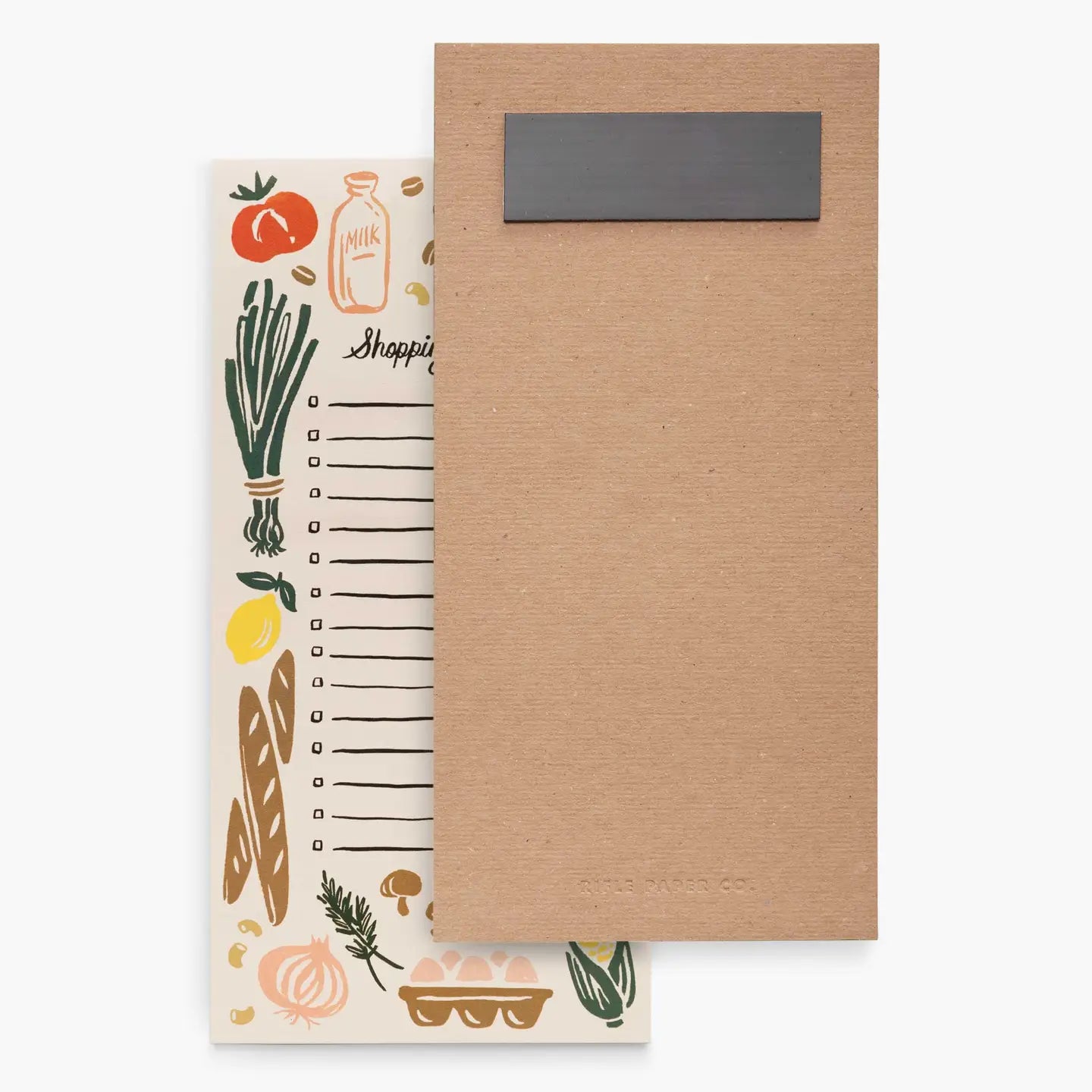 A kraft paper shopping list notepad with a dark gray label holder on the front, partially covering the back cover which features a cream-colored background with hand-drawn illustrations of vegetables, bread, eggs, and a milk bottle.