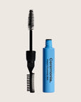 Ceremonla Pearl Flyaway Gel mascara shown with its applicator wand and open blue tube on a light beige background.