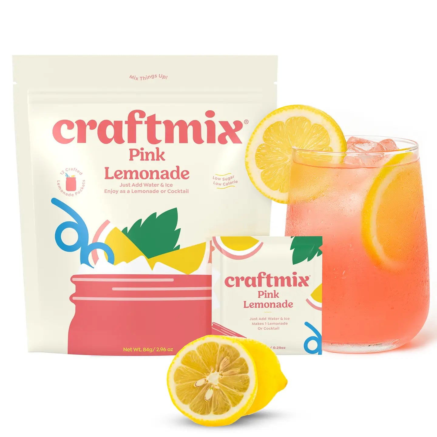 craftmix Pink Lemonade package with a glass of lemonade and lemon slices on a white background
