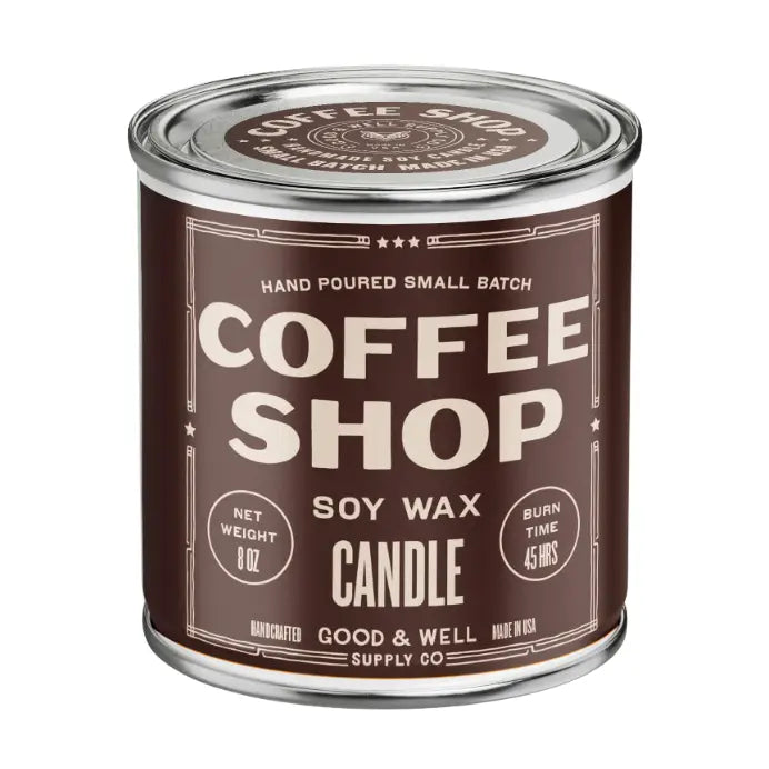 Coffee shop soy wax candle in a glass jar with a brown label on a white background