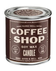 Coffee shop soy wax candle in a glass jar with a brown label on a white background