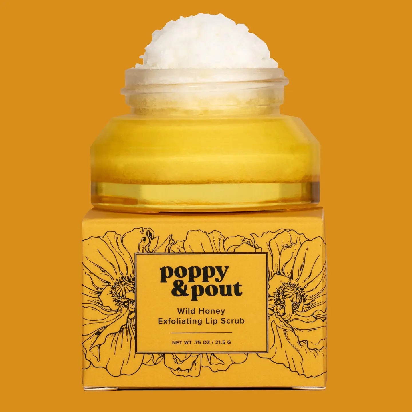 Jar of Poppy & Pout Wild Honey Exfoliating Lip Scrub on a mustard yellow background