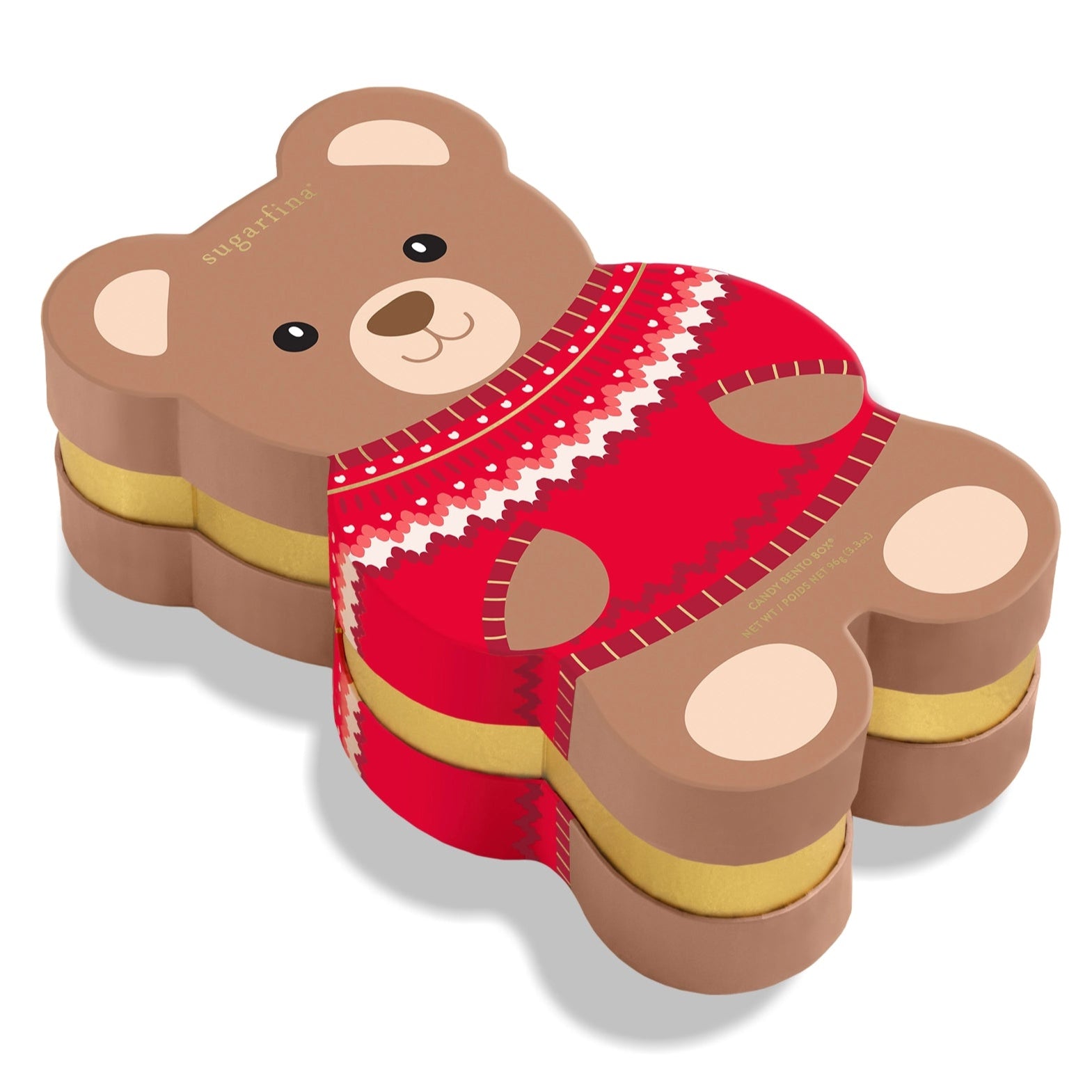 Bear-shaped container with a red sweater design on a white background