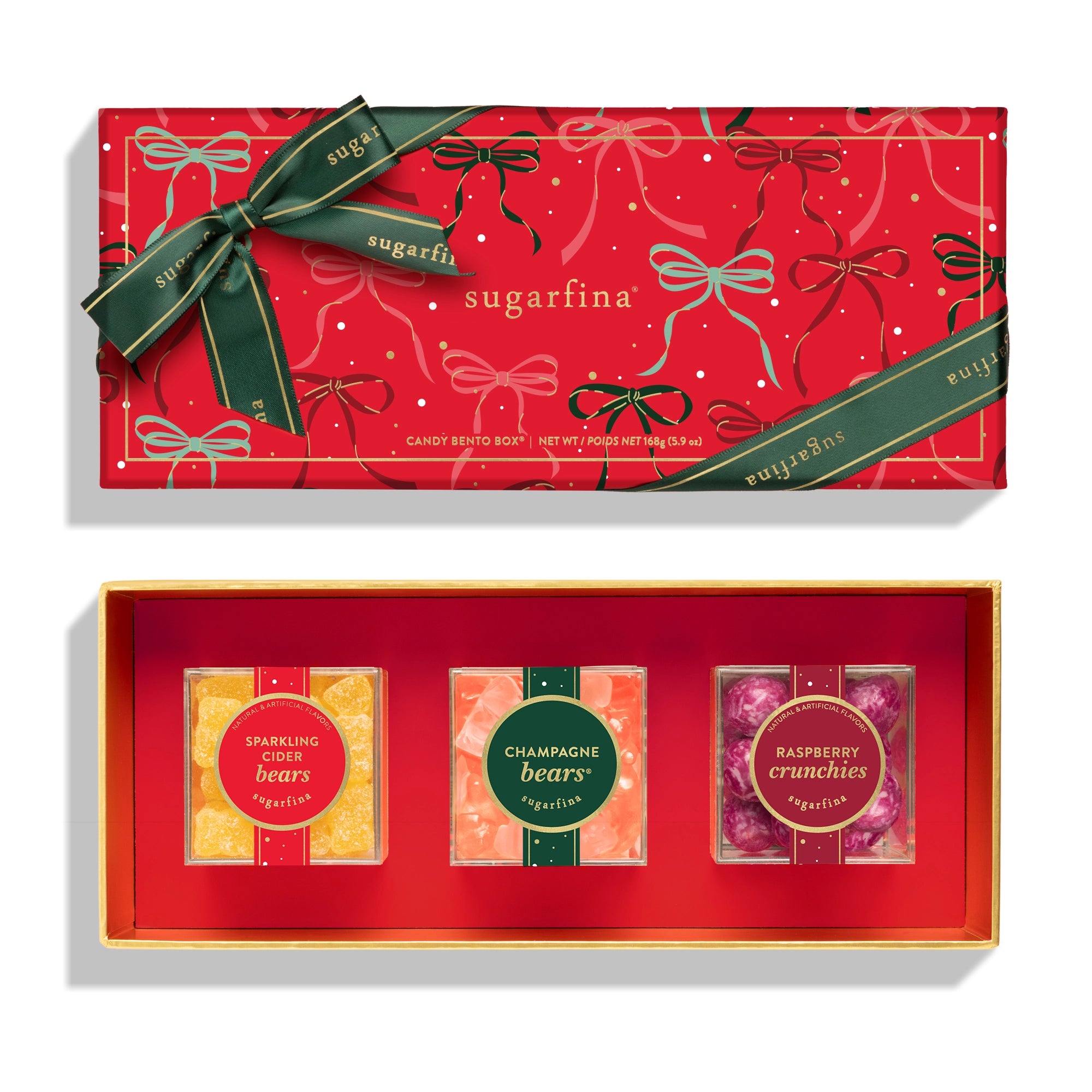 Red gift box with 'sugarfina' branding and candy packaging.