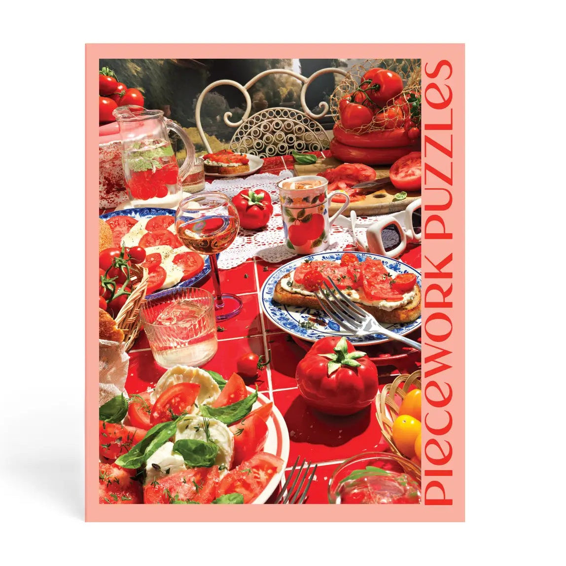 Jigsaw puzzle box with a table setting featuring tomatoes and other food items on a red background.