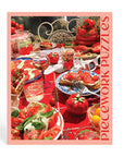Jigsaw puzzle box with a table setting featuring tomatoes and other food items on a red background.