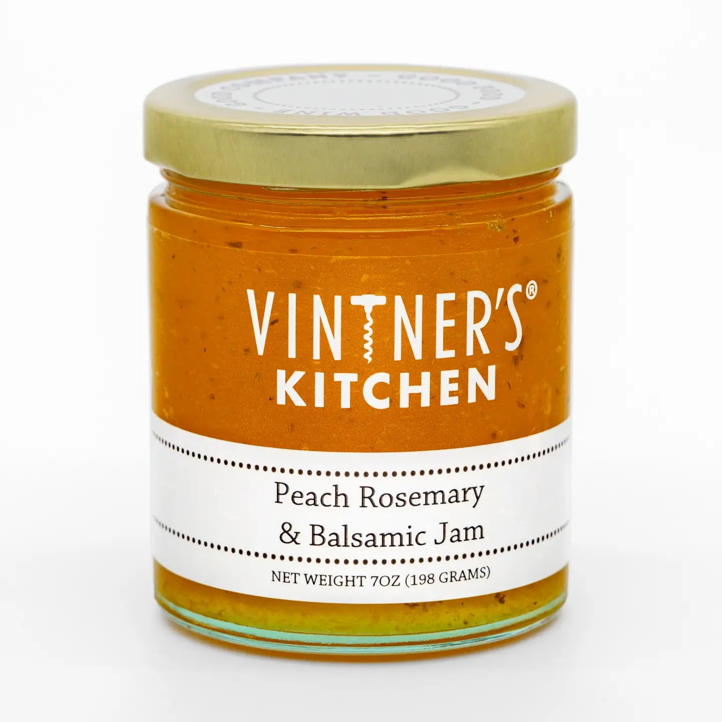 Jar of Vintner's Kitchen Peach Rosemary &amp; Balsamic Jam on a white background
