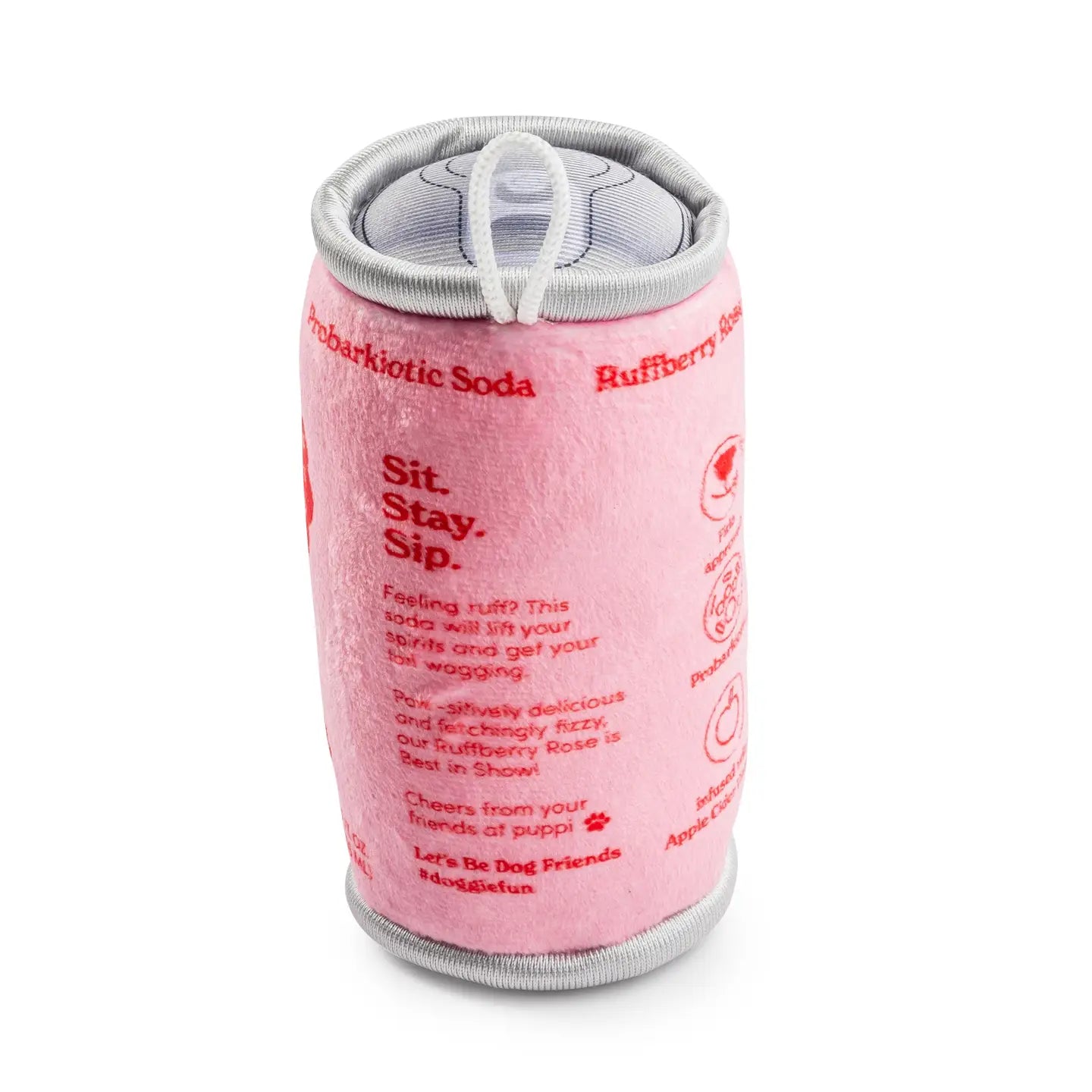 Pink can cooler with text on a white background