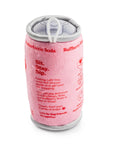 Pink can cooler with text on a white background