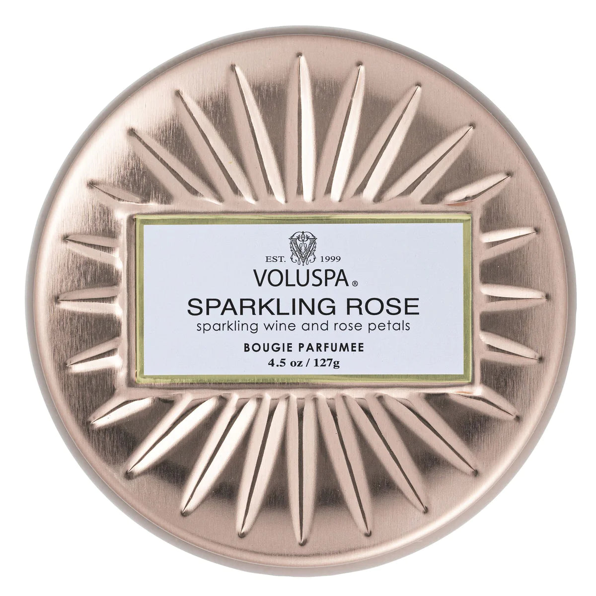 Sparkling Rose Petite Tin Candle (top) on white background