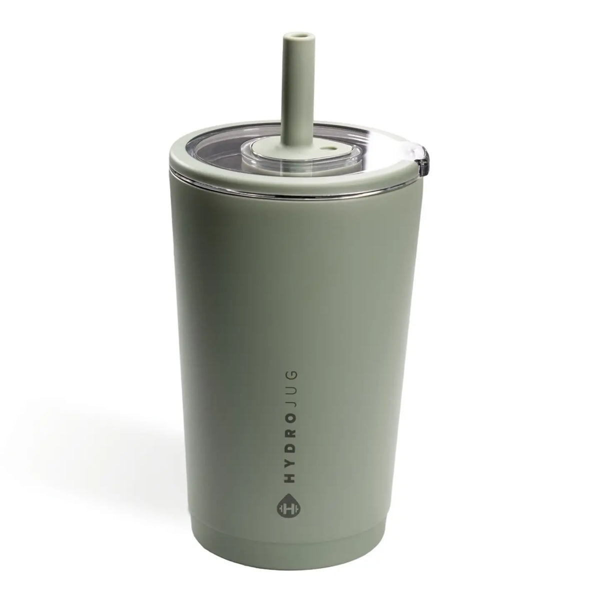 A matte sage green HydroJug tumbler with a matching green straw and a clear lid, shown on a white background.