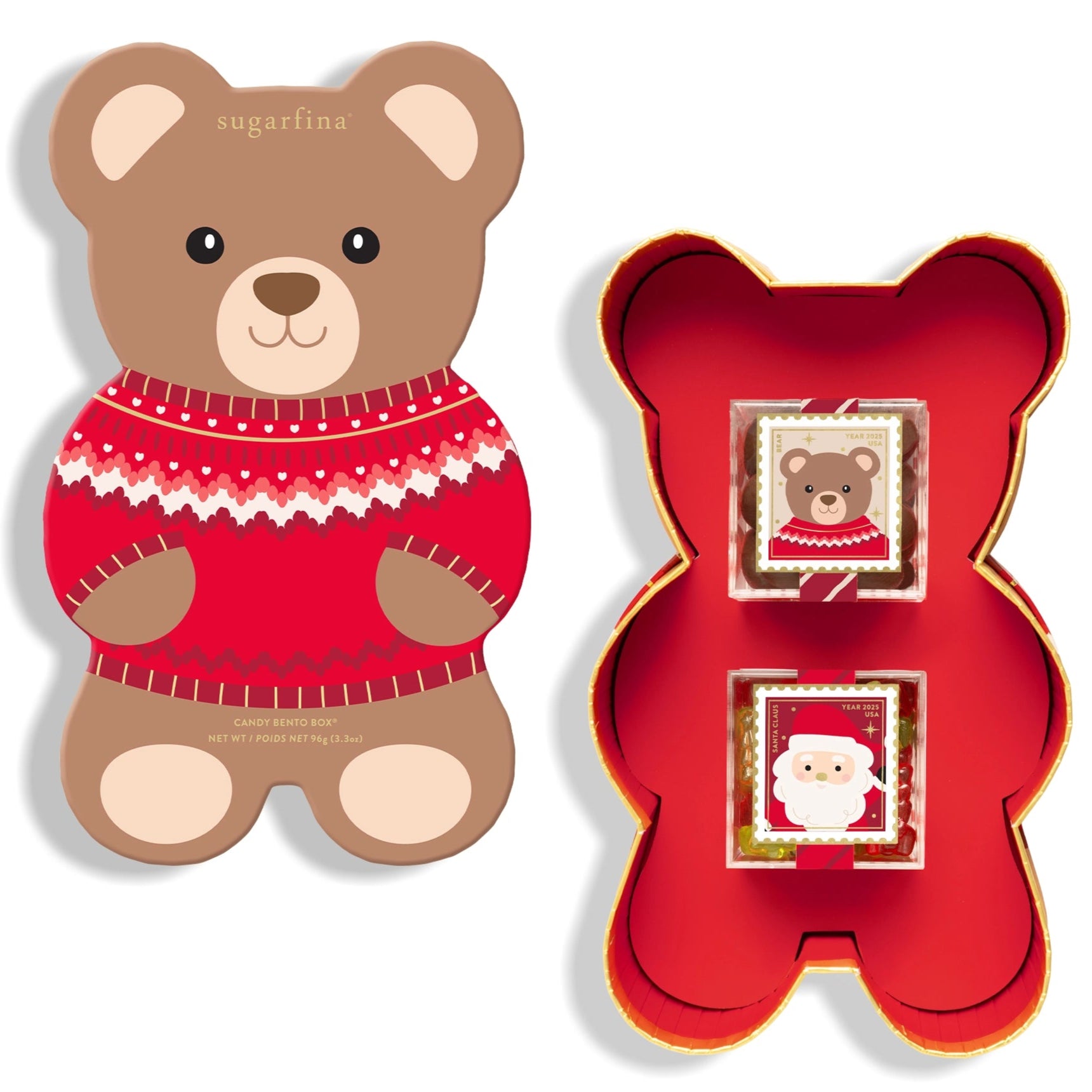 Bear-shaped candy container with red sweater design and a larger red 'X' shaped box on a white background.