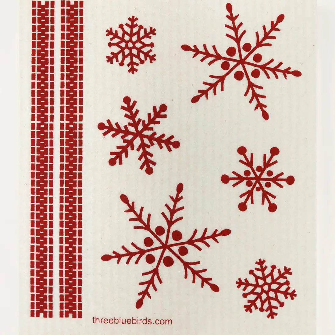 Red snowflakes on a beige background with a patterned border.