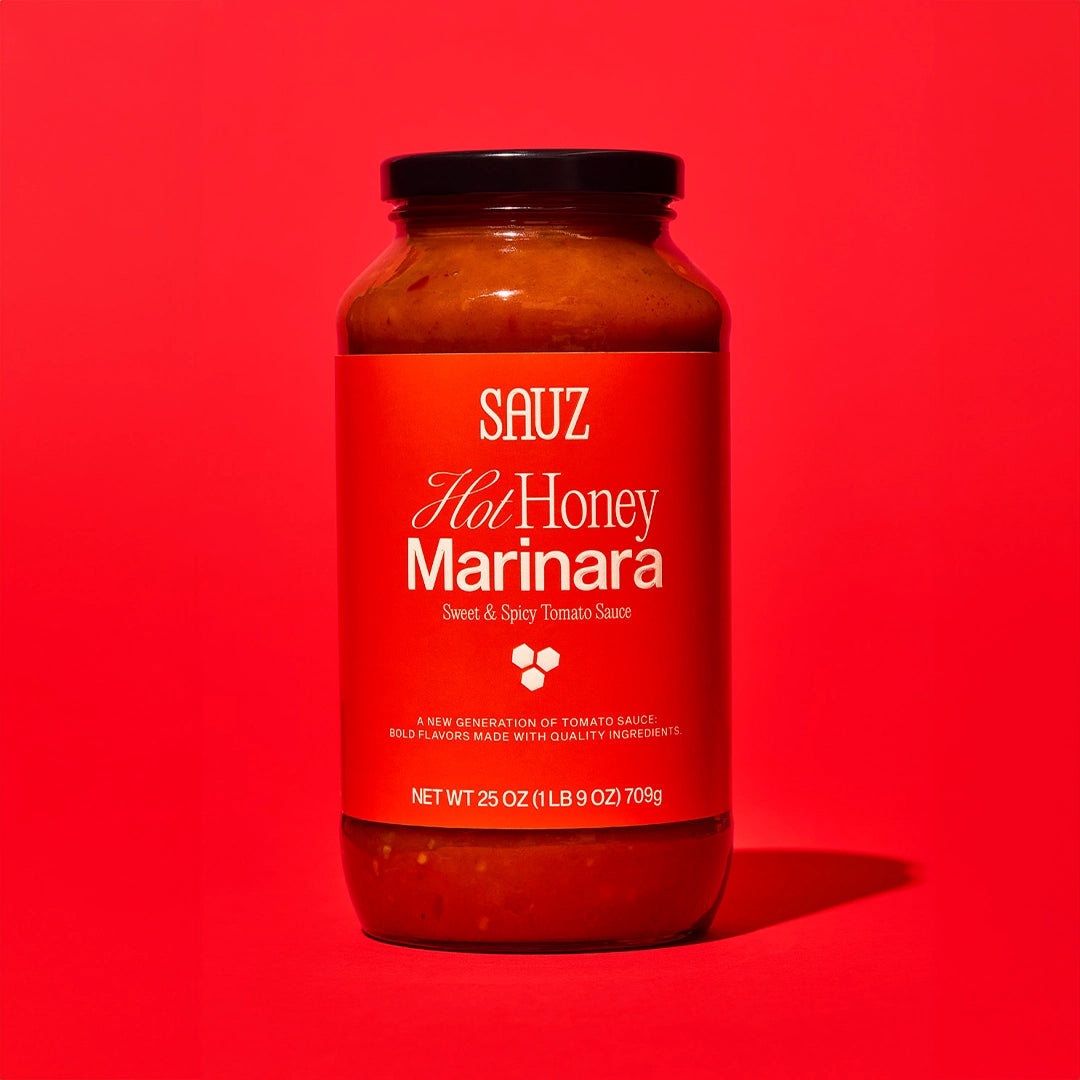 Sauz Hot Honey Marinara sauce bottle on a red background