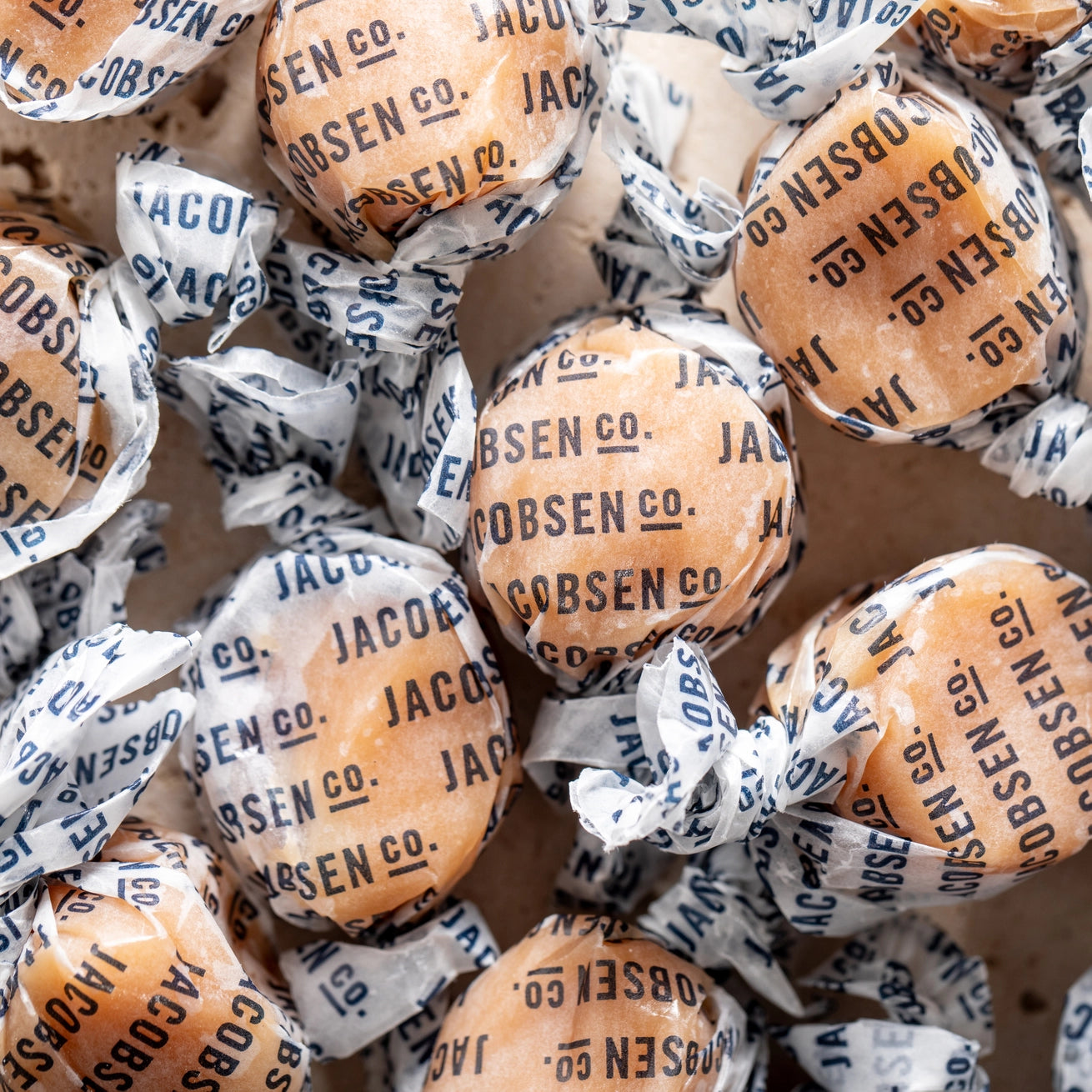 Jacobsen taffy candies in clear wrappers with visible branding.