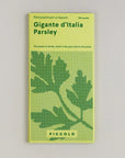 Seed packet for 'Gigante d'Italia Parsley' with green text and leaf design on a light gray background