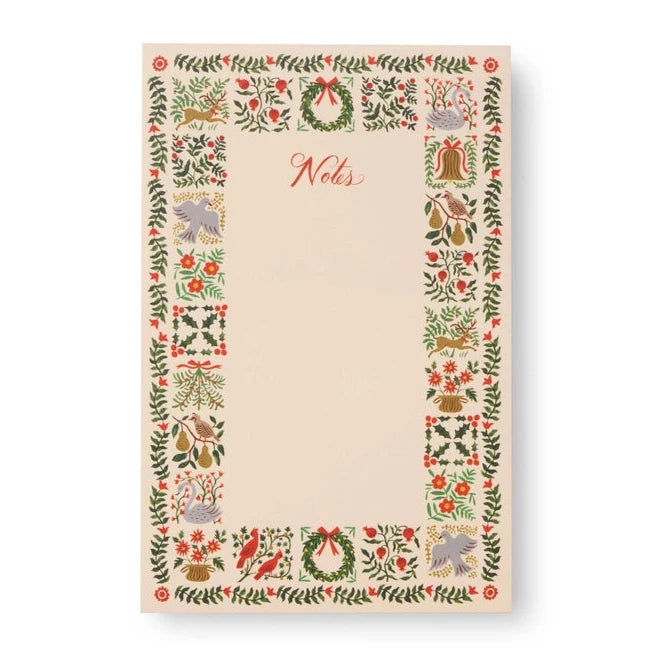 A holiday-themed notepad with a decorative border featuring illustrations of wreaths, holly, birds, and festive designs. The center is a blank beige area with "Notes" written in red script at the top.






