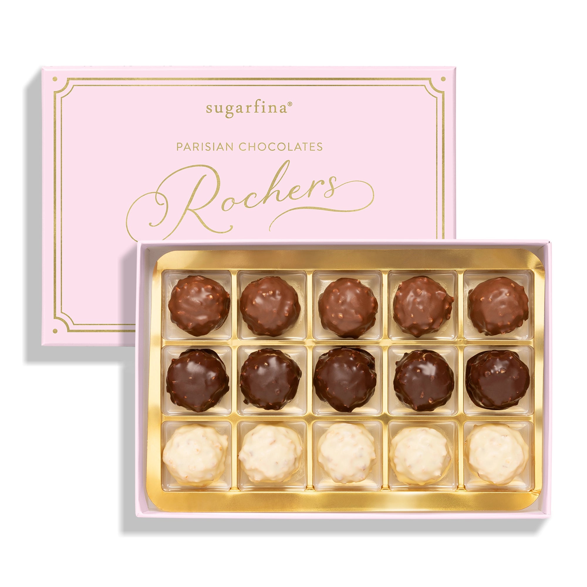 Box of Rochers chocolates with a pink 'sugarfina' packaging